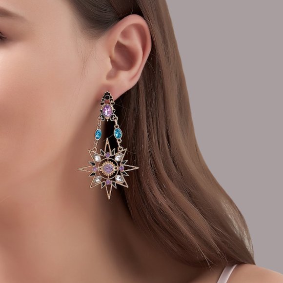 Ornate Baroque Celestial Moon & Star Blue Purple Rhinestone Gold Dangle Earrings - Picture 4 of 6